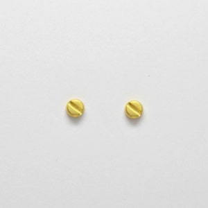 Tiny 10k / 14k / 18k gold slotted FLAT head SCREW earrings. Solid gold 4mm studs. Gold Hardware Jewelry. Gold Screw Studs for Men & Women.