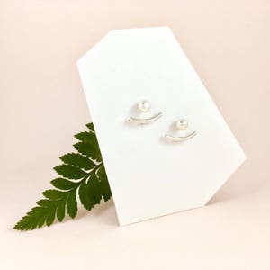Minimalist SILVER Ear Jackets. Front Back Curved Bar Earrings. Sterling Silver Modern Minimal Double Sided Earrings with Freshwater PEARLS.