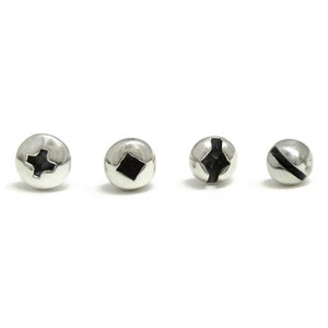 May include: Four silver screw head earrings with black accents. The screw heads have different designs, including a cross, a square, a line, and a diagonal line.