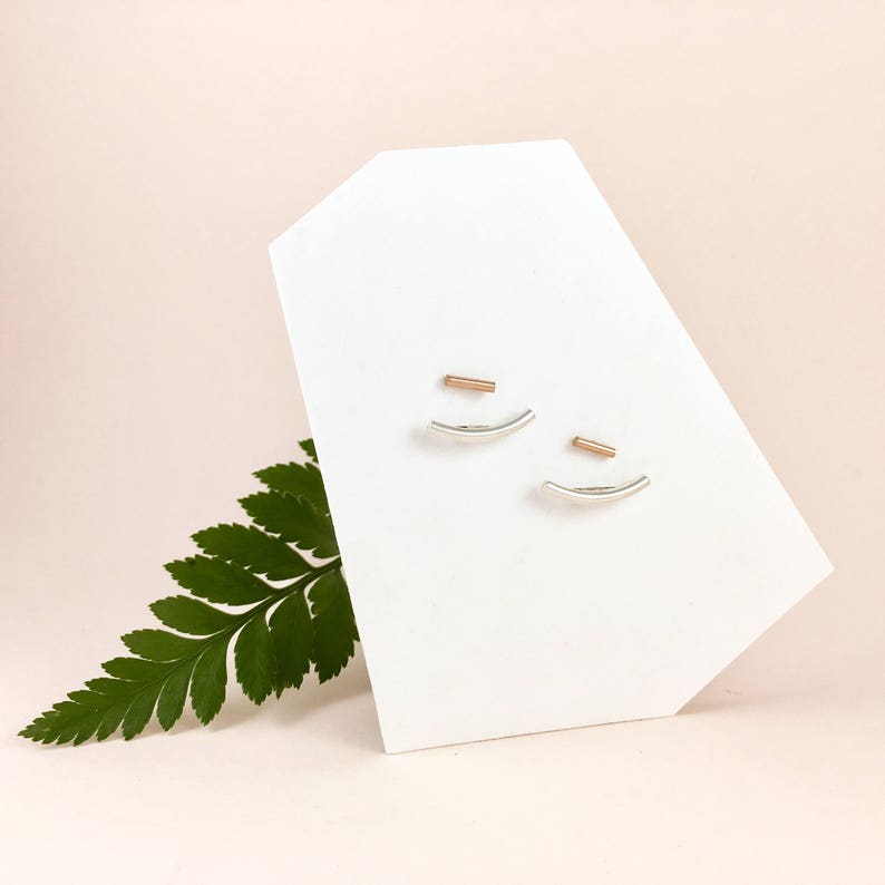Front Back Curved Bar Earrings ROSE GOLD filled Ear Jackets Minimalist SILVER Silver Minimal Double Sided Earrings with Rose Gold studs.