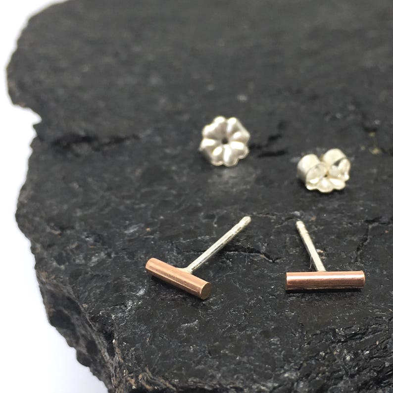 Front Back Curved Bar Earrings ROSE GOLD filled Ear Jackets Minimalist SILVER Silver Minimal Double Sided Earrings with Rose Gold studs.