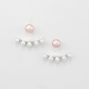 Sterling SILVER Ear Jacket Earrings. Double Sided Earrings. Front Back Earrings. 5 Silver Balls + Pink PEARL Studs. Minimalist Earrings.