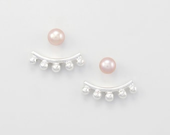 Sterling SILVER Ear Jacket Earrings. Double Sided Earrings. Front Back Earrings. 5 Silver Balls + Pink PEARL Studs. Minimalist Earrings.