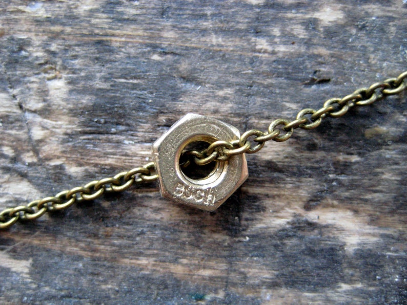 Tiny Antique Brass Chain Bracelet Bronze Hex Nut Bracelet for Men and Women Handmade Hardware Jewelry Nuts and Bolts Industrial Jewelry.