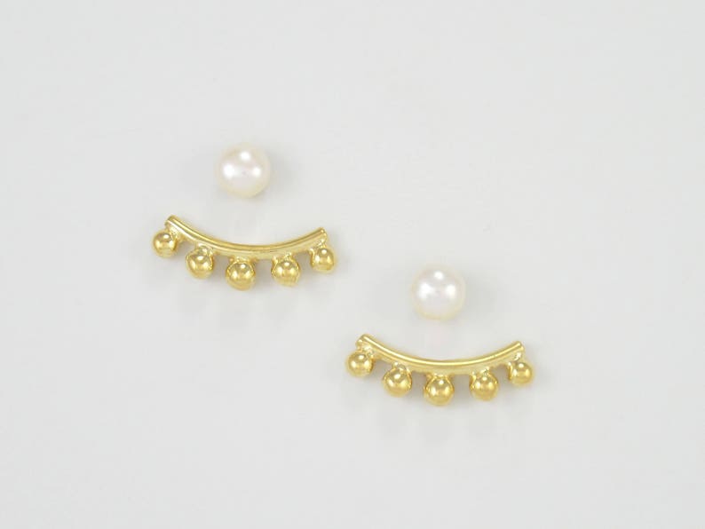 14k Gold Plated 5 Balls Double Sided Earrings with Pearl Studs Front Back Earrings Gold Ear Jacket Earrings White Black Pink Pearl Posts