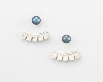 Sterling SILVER Fan Shaped Ear Jacket with Black PEARL Studs. Minimalist Double Sided 5 SILVER squares Earrings. Front Back Earrings.