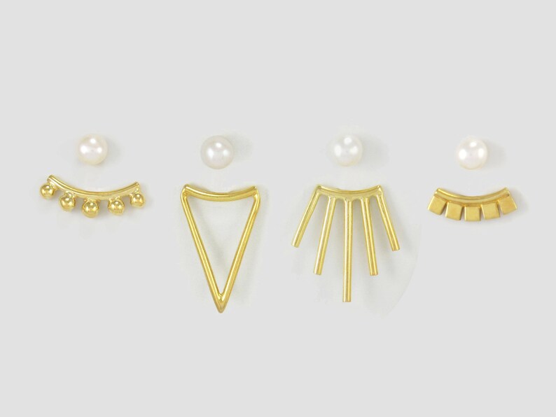 14k Gold Plated 5 Balls Double Sided Earrings with Pearl Studs Front Back Earrings Gold Ear Jacket Earrings White Black Pink Pearl Posts