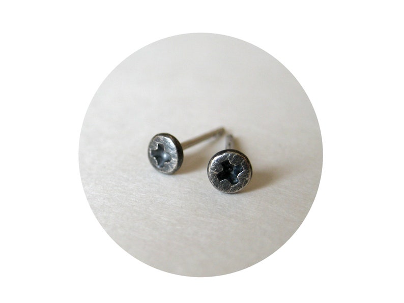 Tiny Phillips SCREW stud in oxidized Sterling SILVER. 4mm Screw head STUDS. Sterling Silver Hardware Jewelry earrings for men and women. image 2