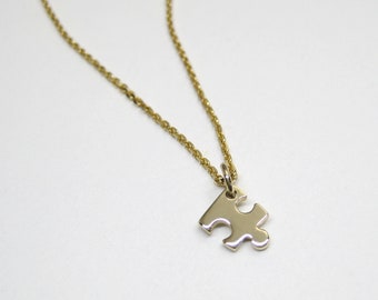 Tiny PUZZLE Piece Charm Necklace. Handmade 10k 14k Solid Gold Jigsaw Puzzle Piece Pendant on Dainty Gold Chain. Autism Awareness Jewelry.