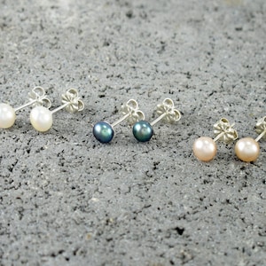 MEDIUM Fresh Water PEARL Studs on Sterling Silver Posts & Backs. White, Black or Pink Pearls. Natural Pearl earrings. Modern Minimal pearls