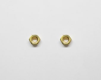 Tiny 10k / 14k / 18k Gold HEX nut earrings. Solid gold hardware studs for Men & Women. Handmade everyday gold screw earrings. Mini Hex studs