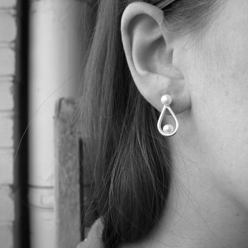 Minimalist Pearl Earrings. Fresh Water PEARL Studs with Rose Gold plated drop Ear Jacket Rose GOLD plated teardrop and Natural Pearl