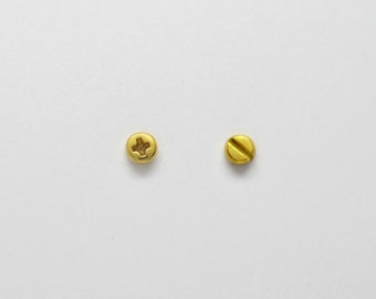 Mismatched Tiny SCREW Earrings 10k / 14k / 18k Gold. Flat & Phillips Screw Head Earrings for Men and Women. Handmade Solid Gold Screw STUDS.