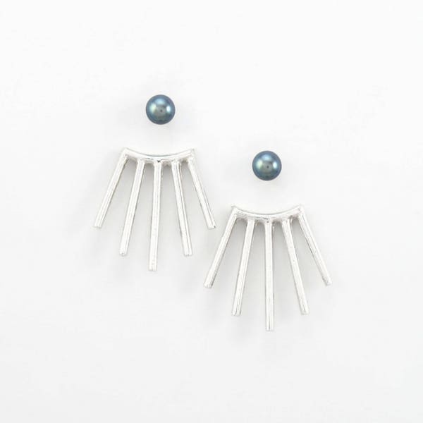 Sterling SILVER Spikes Ear Jacket + Black PEARL Studs. Double Sided Geometric Earrings. Minimalist Front Back Earrings. BLACK Pearl Studs.