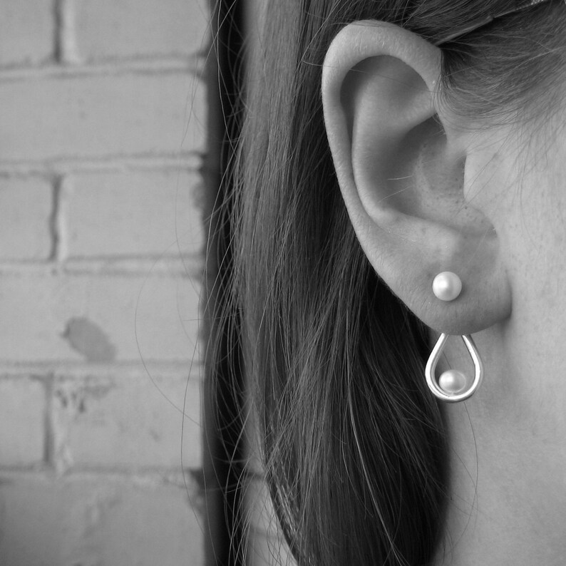 Minimalist Pearl Earrings. Fresh Water PEARL Studs with Rose Gold plated drop Ear Jacket Rose GOLD plated teardrop and Natural Pearl
