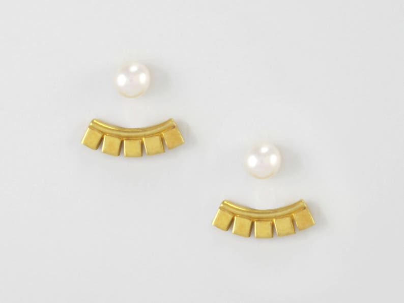 14k Gold Plated Front Back Earrings GOLD Ear Jacket Freshwater PEARL Studs on GOLD-filled posts Minimal 5 Squares Double Sided Earrings