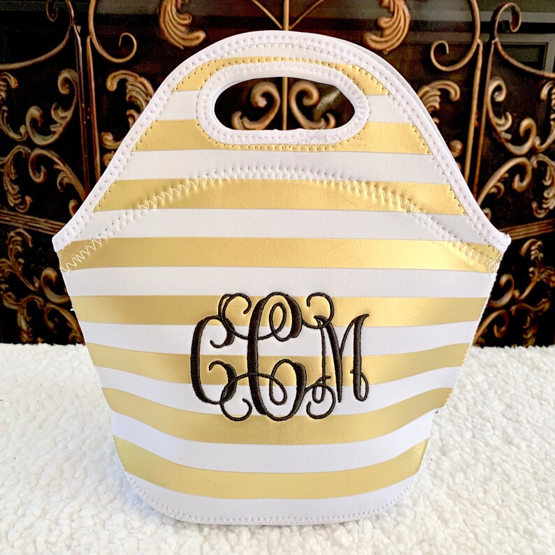 CLEARANCE! Gold Stripe Monogram Lunch Bag / Make Up Tote, Embroidered Monogrammed Bridesmaid Wedding Friend Back to School Gift for Her 