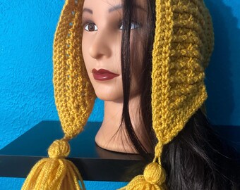 Pixie Hood / Mustard Yellow Hand Crocheted Tassel Hood