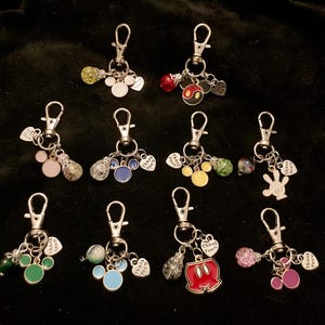 May include: Twelve silver keychains with various charms, including Mickey Mouse ears, hearts, and beads. Some charms have text, such as "Thank You" and "Good Luck".