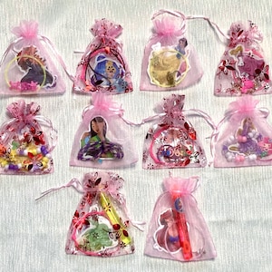 May include: Ten pink organza bags filled with various princess-themed hair accessories. Each bag features a different princess character and includes items like hair ties, barrettes, and necklaces.