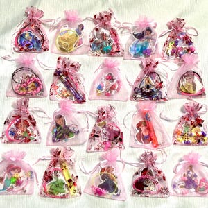 May include: Twenty pink organza bags filled with various small items, including hair accessories, stickers, and small toys. The bags are arranged in a grid pattern on a white surface.