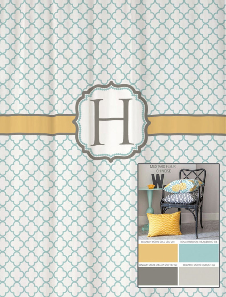 Shower Curtain Yellow Blue Gray Lattice Quatrefoil Standard Etsy