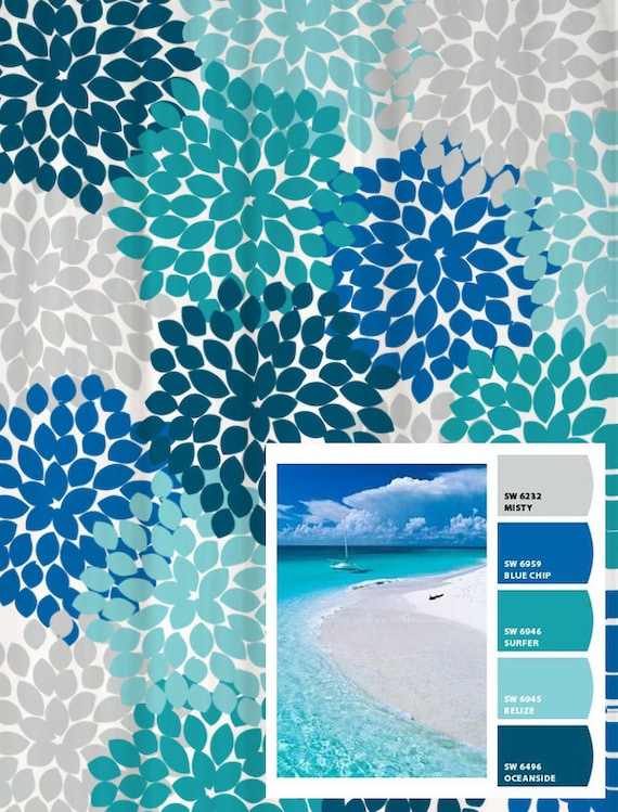 Rideau De Douche En Bleu Et Gris Plage Dinspiration Floral Longueurs Standard Et Long 70 74 78 84 Ou 96 Nous Allons Faire Un Dans Vos Couleurs