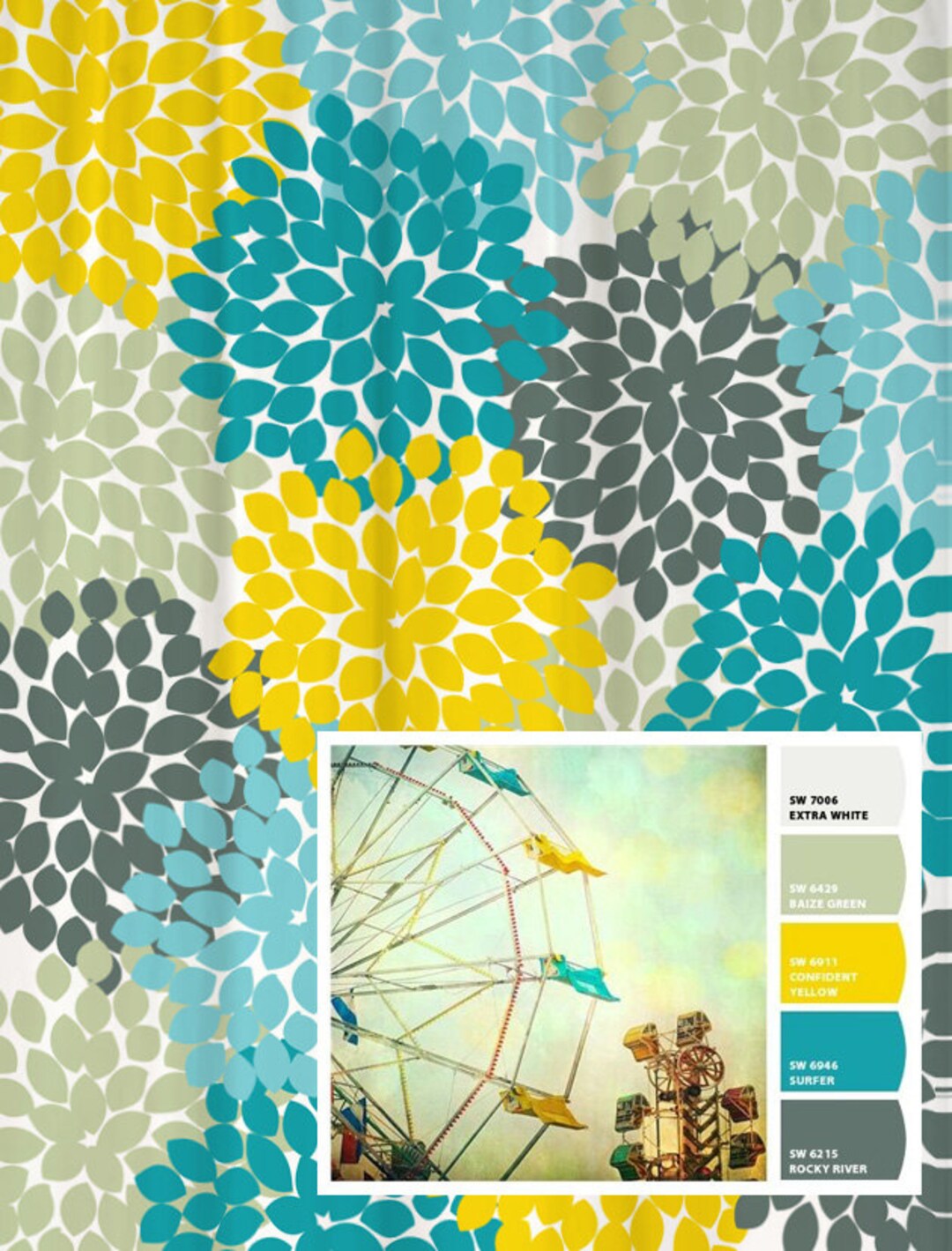 Shower Curtain Yellow Blue Vintage Inspired Floral Standard Etsy