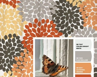 Shower Curtain Gray Orange Monarch Inspired Floral Standard and Long Lengths 70, 74, 78, 84 or 96 in. Let's make one in your colors!