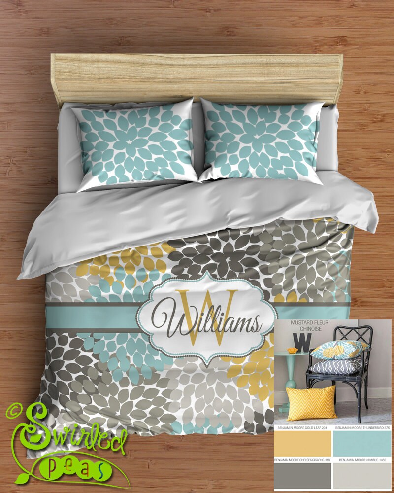 Custom Floral Bedding in Comforter or Duvet! Your One of A Kind Bed Set Personalized with Your Name in Popular Yellow, Aqua Blue and Gray
