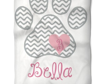 Chevron Paw Print Dog Blanket Personalized with Name Monogram You Choose Colors for your Pet Soft Washable Fleece Fabric in Two Sizes