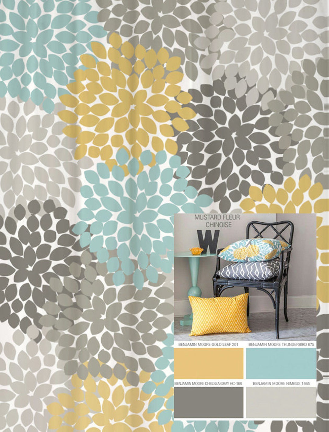 Shower Curtain Yellow Blue Gray Floral Standard and Long Etsy Canada