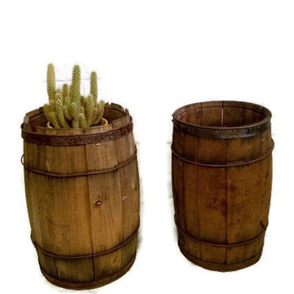 Pair of Rustic Wooden Barrels Antique Plant Pot