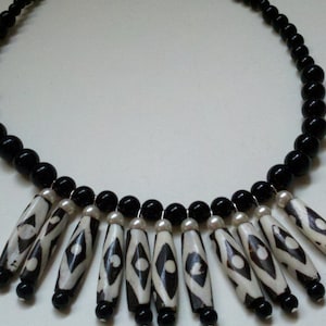 Afrocentric Necklace, Black and White Batik Bone necklace, African Bead Bib Necklace, Gift For Her,