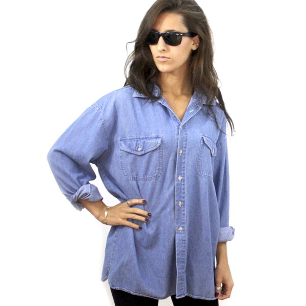 Chambray Vintage Denim Jean botón encima de la camisa