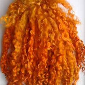 May include: A close-up of a bundle of orange curly wool fiber. The wool is soft and fluffy, and it is perfect for spinning or felting.