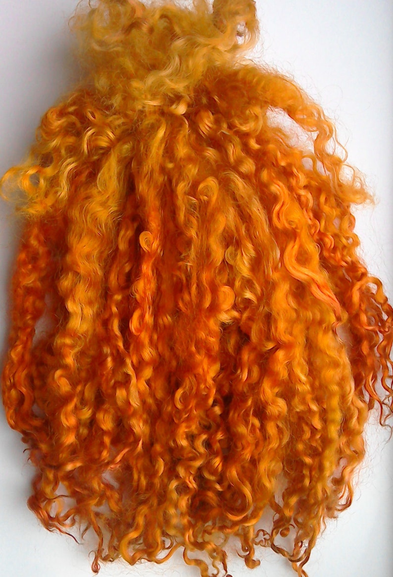 May include: A close-up of a bundle of orange curly wool fiber. The wool is soft and fluffy, and it is perfect for spinning or felting.
