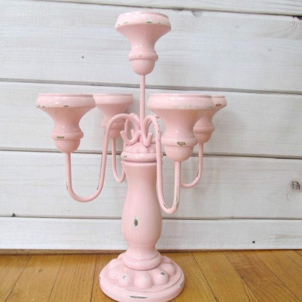 Vintage Pink Candelabra Candle Holder 5 Taper Wood Metal Candle Stick Holder Wedding Table Decor