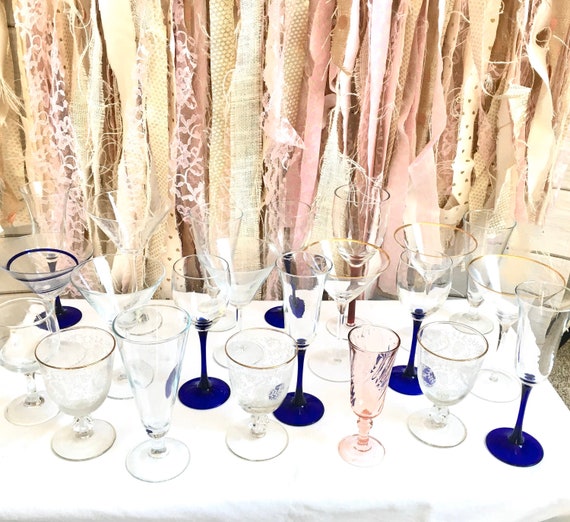 crystal stemware glasses antique vintage wine cocktail beer champagne cobalt blue etched retro depression tasting party baby bridal shower Il_570xn