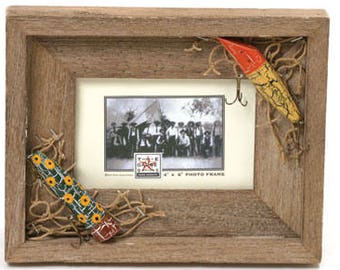 Barnwood Rustic Picture Frame Fishing Net with Lures. Choose your size frame.
