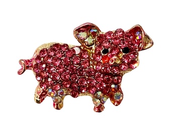 Rhinestone Pig broach. Gold finish base with pink rhinestones