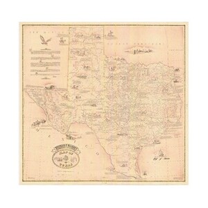 Puede incluir: Mapa antiguo de Texas, con informaci&oacute;n geogr&aacute;fica detallada e ilustraciones. El mapa est&aacute; impreso en papel envejecido con un borde decorativo. El t&iacute;tulo "Map of Texas" se muestra en una cartela ornamentada. Incluye ilustraciones de un &aacute;guila y otras figuras.