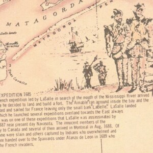 May include: A vintage map depicting the LaSalle Expedition of 1685, showing the route of French explorer Ren&eacute;-Robert Cavelier, Sieur de La Salle, in search of the mouth of the Mississippi River. The map includes a small illustration of La Salle and his men, along with a ship and a fort.
