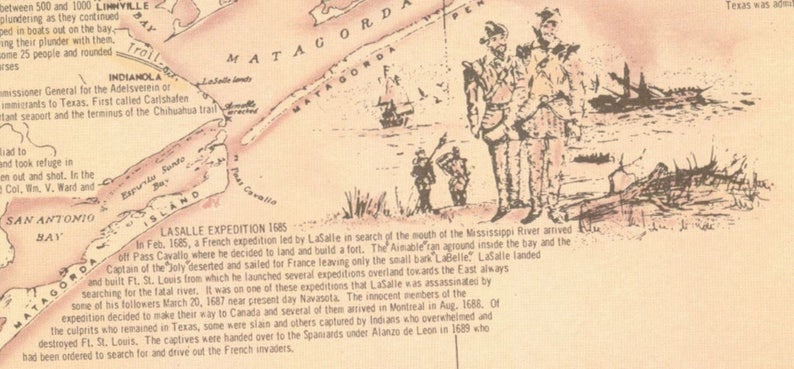 May include: A vintage map depicting the LaSalle Expedition of 1685, showing the route of French explorer Ren&eacute;-Robert Cavelier, Sieur de La Salle, in search of the mouth of the Mississippi River. The map includes a small illustration of La Salle and his men, along with a ship and a fort.
