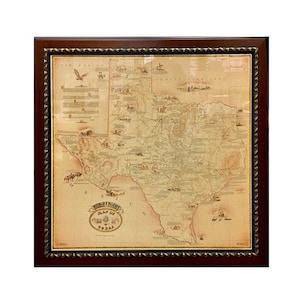 May include: A framed vintage map of Texas with a brown wood frame and a gold-colored border. The map is titled "Map of Texas" and includes details of the state's geography and history.