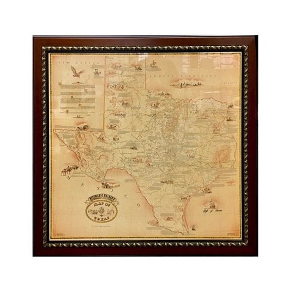 Vintage Framed Texas Map Reprint, Hoffman and Walker’s Historical Map
