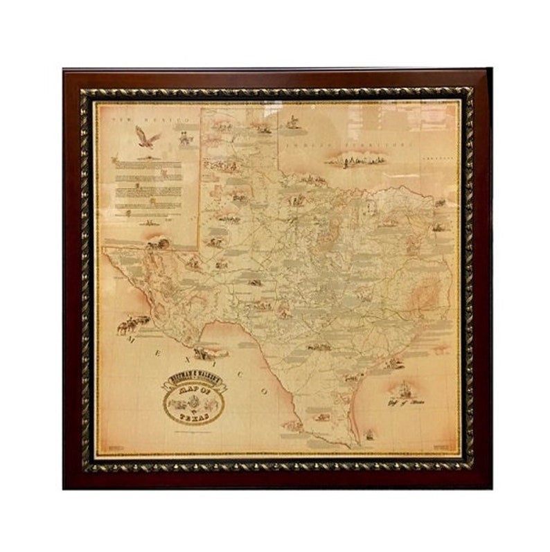 May include: A framed vintage map of Texas with a brown wood frame and a gold-colored border. The map is titled "Map of Texas" and includes details of the state's geography and history.