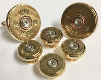 Bullet and 12 gauge Shotgun shell cuff link and tux set. Winchester, Remington and Estate Cartridge shells used.