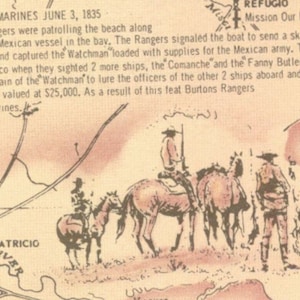 May include: A vintage map of Copano Bay, Texas, showing the location of the Mission Our Lady of Refuge, established in 1793. The map depicts the area where the Burton's Rangers, a group of Texas horse marines, captured a Mexican ship in 1835.