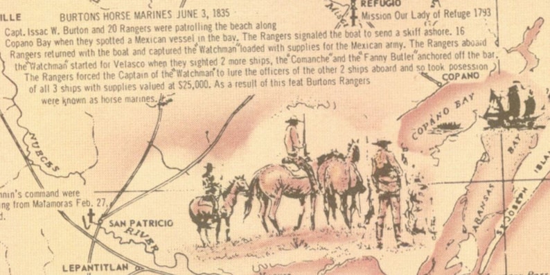 May include: A vintage map of Copano Bay, Texas, showing the location of the Mission Our Lady of Refuge, established in 1793. The map depicts the area where the Burton's Rangers, a group of Texas horse marines, captured a Mexican ship in 1835.
